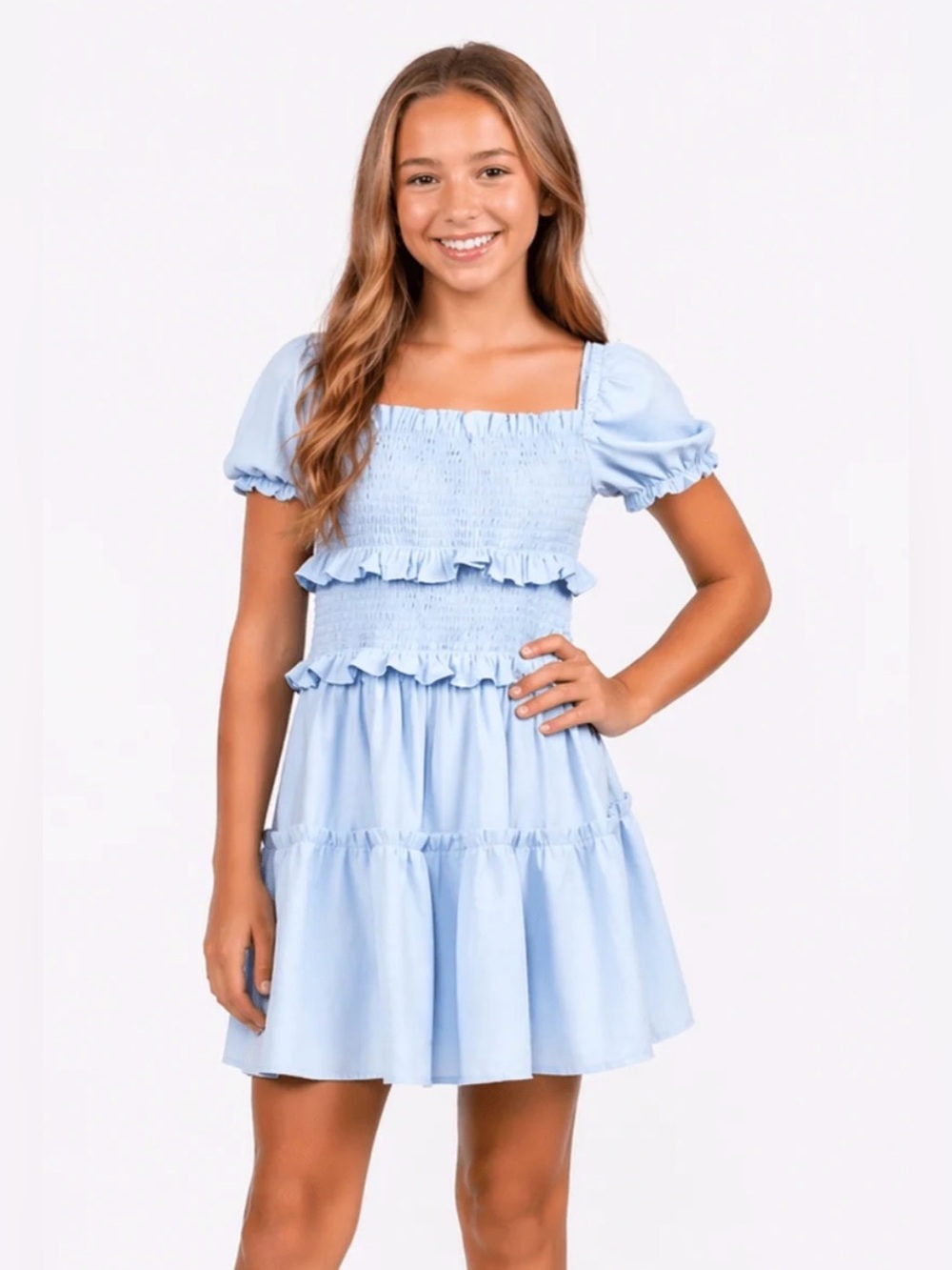 Miss Behave Girls BERKLEY Puff Sleeve Smocked Dress - size 14 - light blue